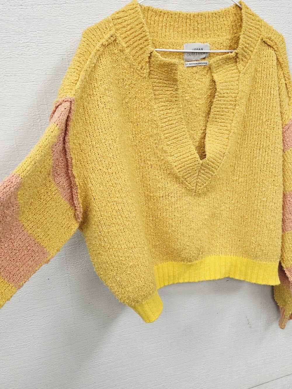 Urban Outfitters small oversized Mustard Yellow V-Neck Striped Sleeve Sweater - Picture 6 of 9